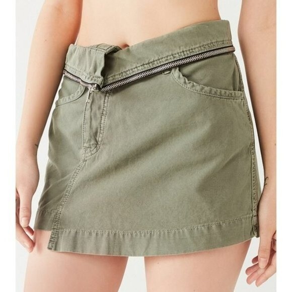 BDG Urban Outfitters Small Green Moss Mini Skirt Zipper Trim Stepped Hem NWT - Picture 4 of 13